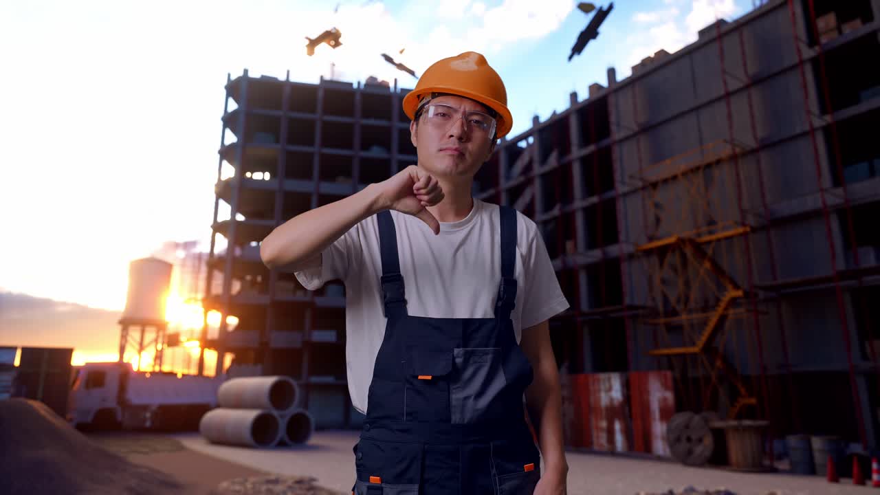 trabajador asiático mostrando los pulgares hacia abajo gesto a la cámara en el sitio de construcción