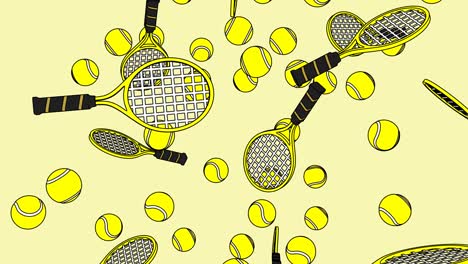 toon style yellow tennis balls and tennis rackets on yellow background.