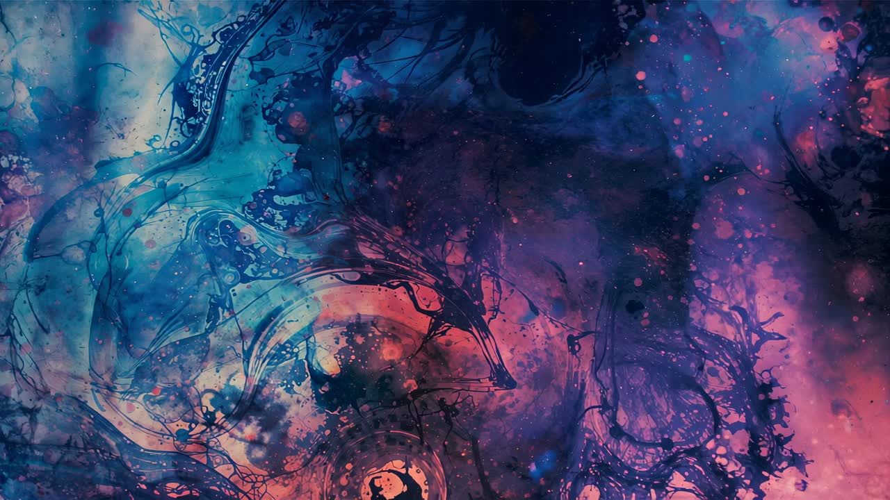 Introducing teal and magenta ink plumes creating intricate swirls in fluid tank, with merging colo