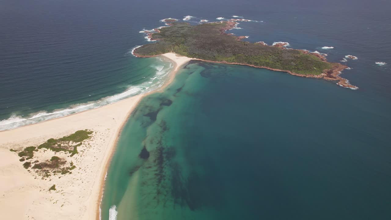 Fingal Island And Sand Bar In Fingal Bay, NSW, Australia. - aerial shot