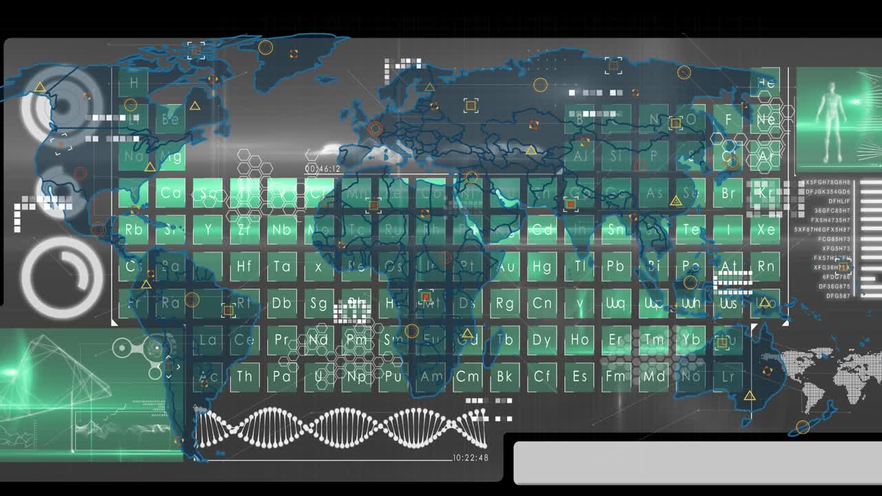 Animation of world map and data processing on black background