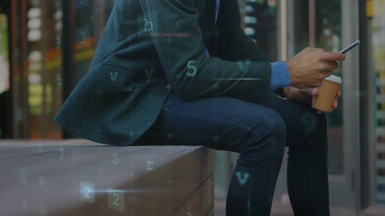 hombre de negocios sentado en un banco de la calle enviando mensajes de texto y bebiendo café 4k