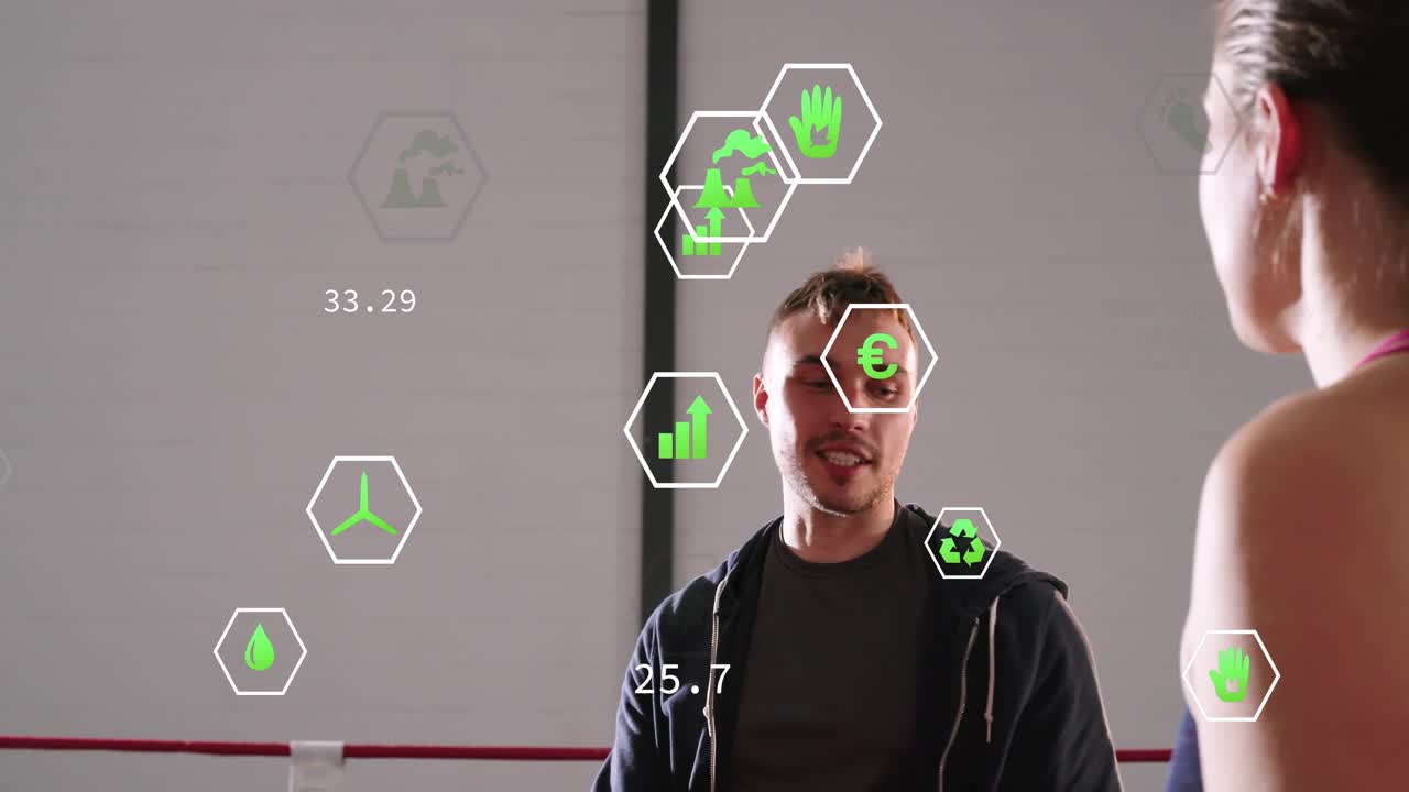 Coach raising hand in boxing ring, athlete adjusting wraps, AR hex icons shifting showing metrics