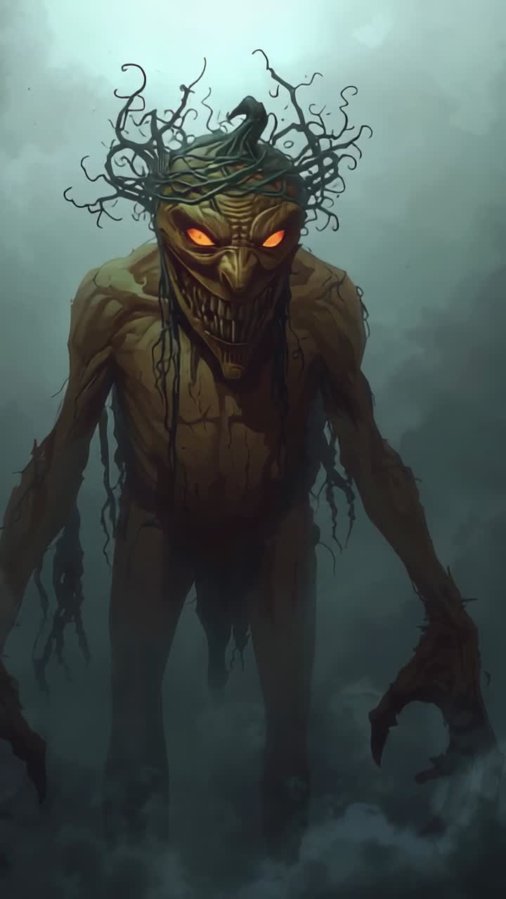 Vertical video: Revealing humanoid emerging from swirling fog in field, glowing eyes intensifying