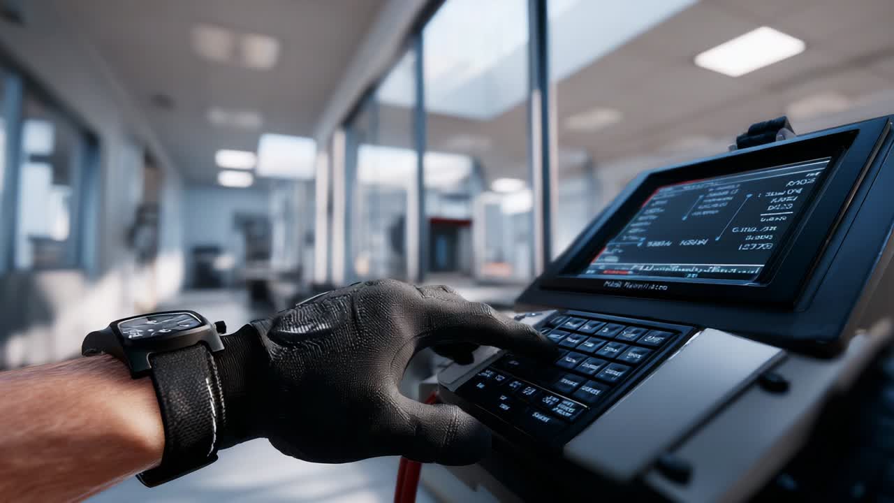 Close-up of a hand wearing a black glove manipulating a keypad on a sophisticated electronic device, capturing an intense moment of operation in a high-tech environment filled with glass and light