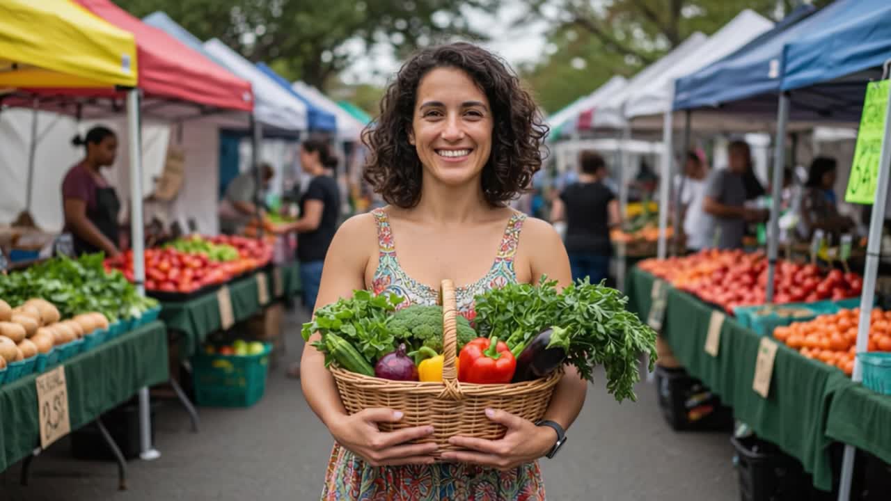A Joyful Shopper Displays a Bounty of Fresh, Colorful Vegetables at a Vibrant Farmers Market, Celebrating Local Produce and Healthy Eating Choices