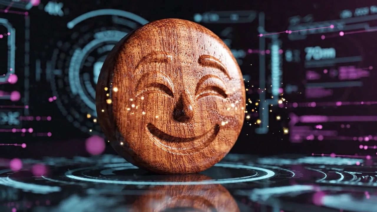 A joyful wooden icon emits warm smiles, surrounded by digital elements and vibrant sparkles, showcasing a harmonious blend of tradition and modern technology.