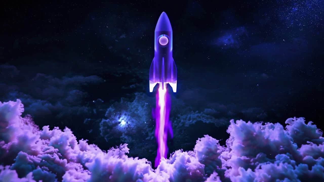 A rocket launches into a starry sky, viewed from a low angle