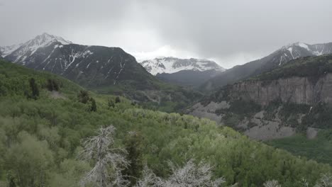 Colorado-Rocky-Mountains-with-stormy-grey-clouds-close-to-a-highway,-Aerial-flyover-shot