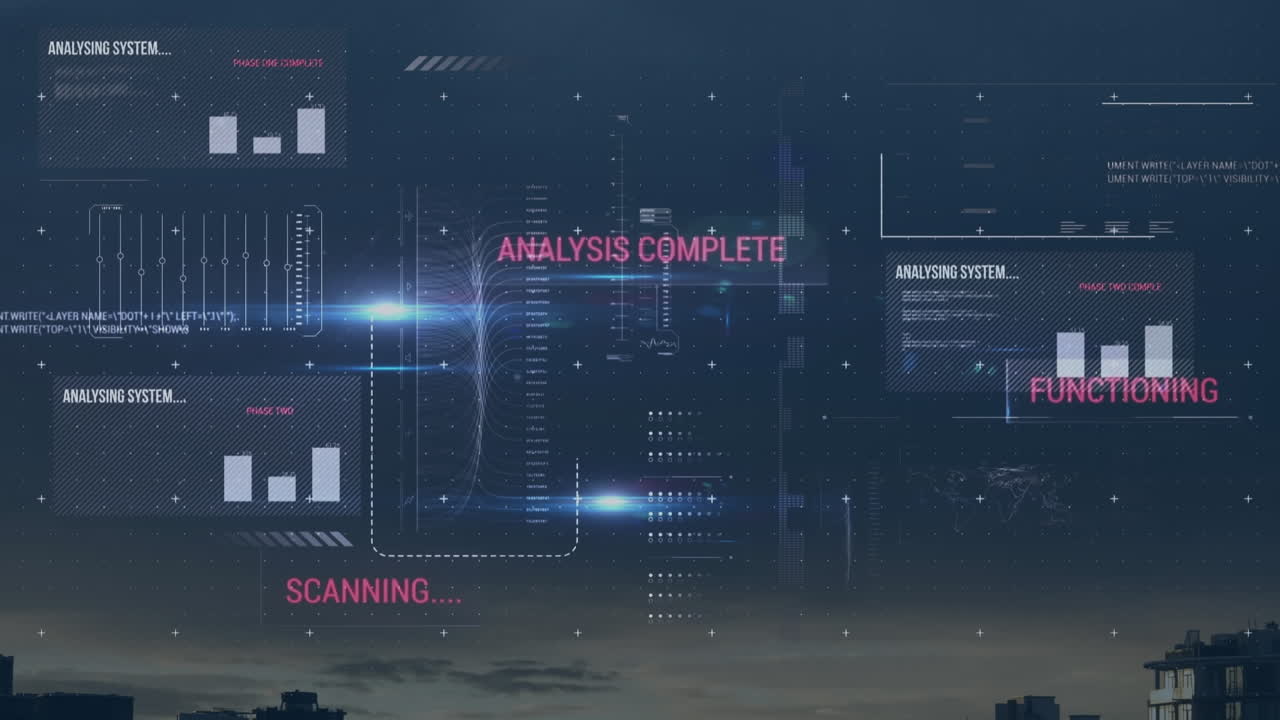 Animation of data processing and light spots over cityscape