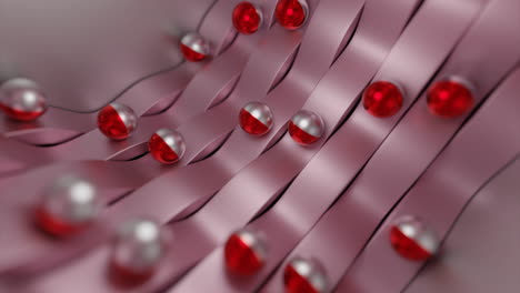 abstract 3d render of pink ribbons with red and silver spheres