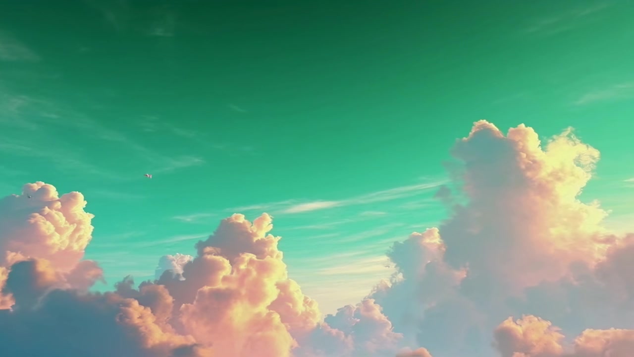 Serene Teal Sky with Pastel Clouds and Flying Birds