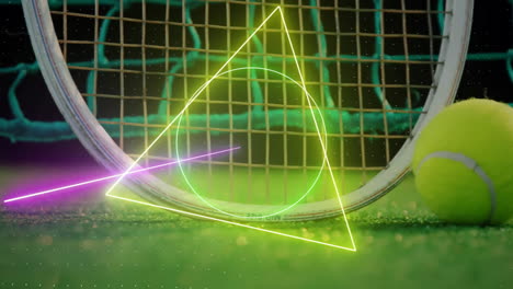 animation of colourful circle, triangle and square scanning tennis ball and racket by net on court