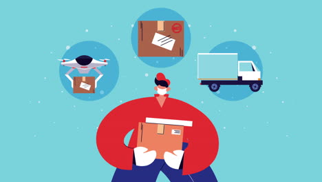 delivery service worker with box and set icons animation