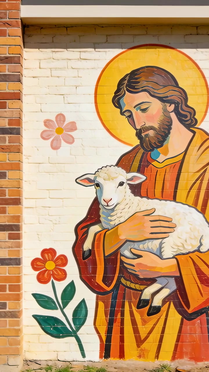 Vertical video: Panning camera on wall showing mural holding lamb in robes exposing brick column