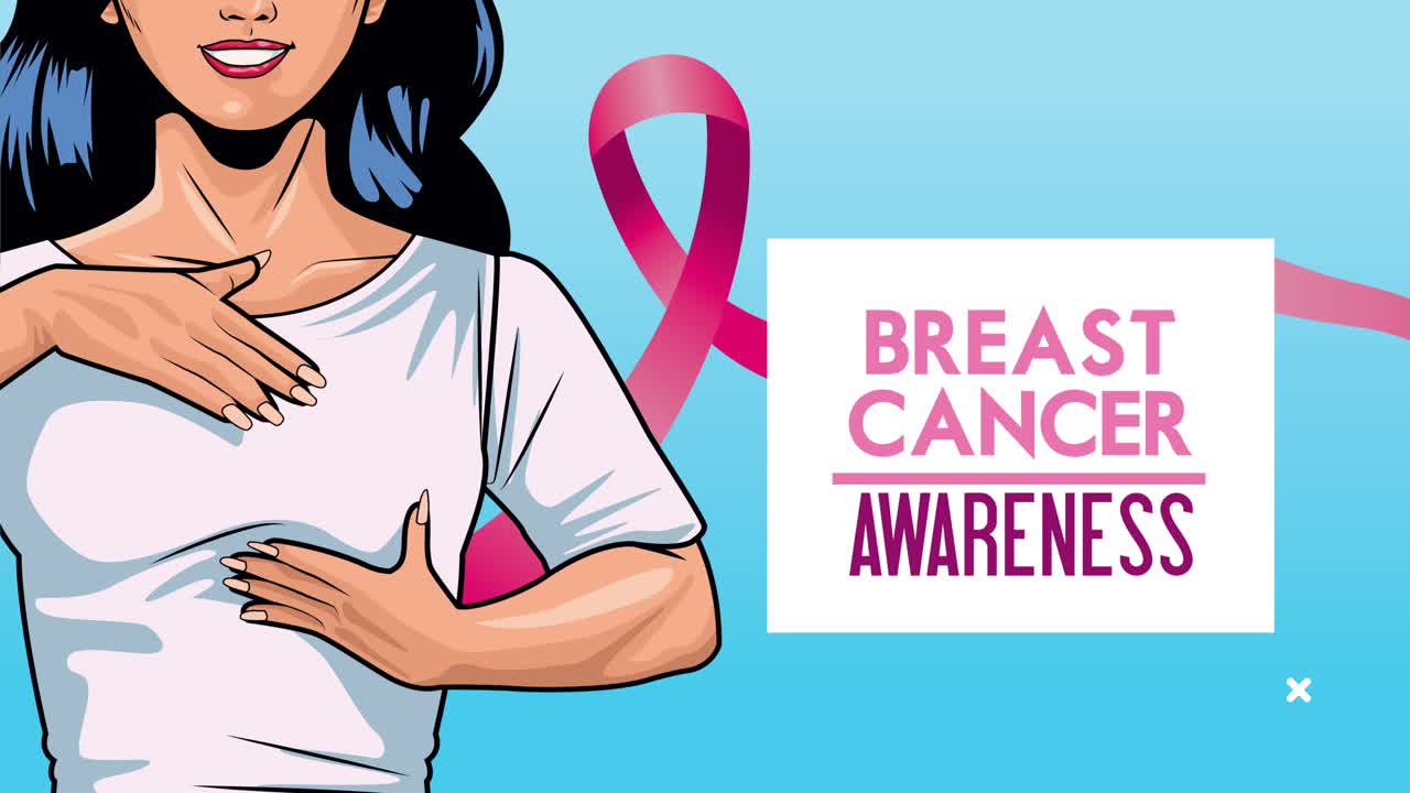 유방암 의식 달 글씨와 함께 자가 검사를 연습하는 여성