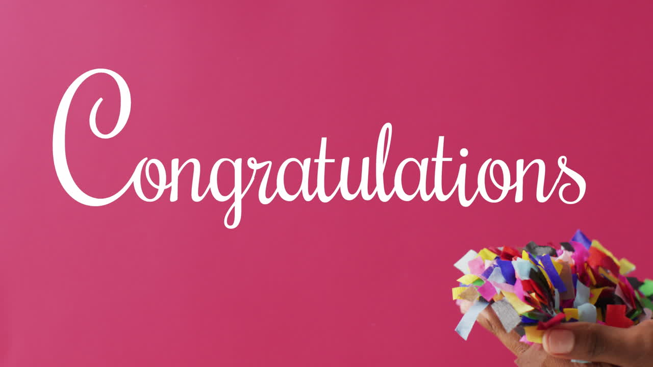 Animation of congratulations text over confetti on red background