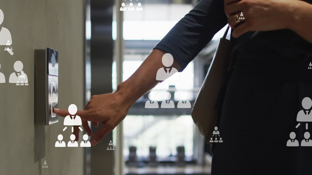 Imation of multiple profile icons floating against mid section of a woman pressing elevator button