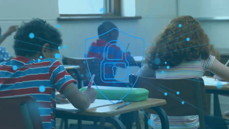 animation of padlock and network over schoolchildren working at desks in class