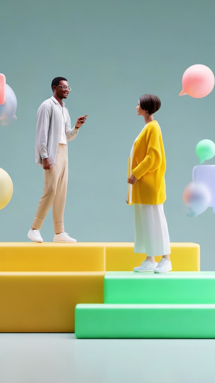 Conversazione coinvolgente tra due persone in piedi su gradini colorati, circondate da fumetti e forme astratte, che esprimono idee e dinamiche di interazione