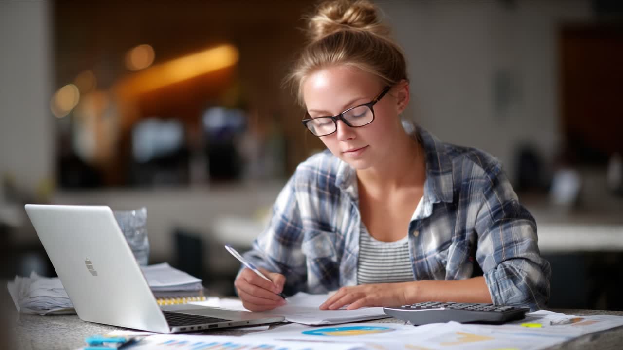 Focused Young Woman Diligently Working on Financial Analysis and Planning with Laptop in Cozy Workspace Surrounded by Graphs and Notes