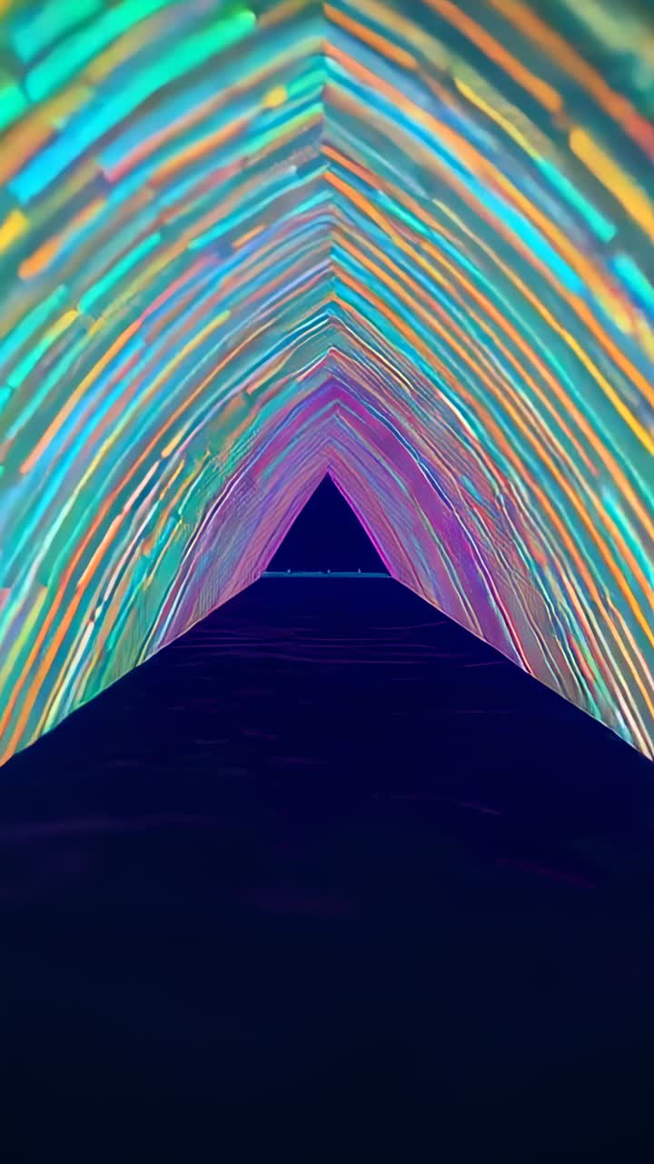 Video verticale: strisce angolate incandescenti che sollecitano lo scorrimento della telecamera attraverso un tunnel di neon triangolare, pavimento lucido