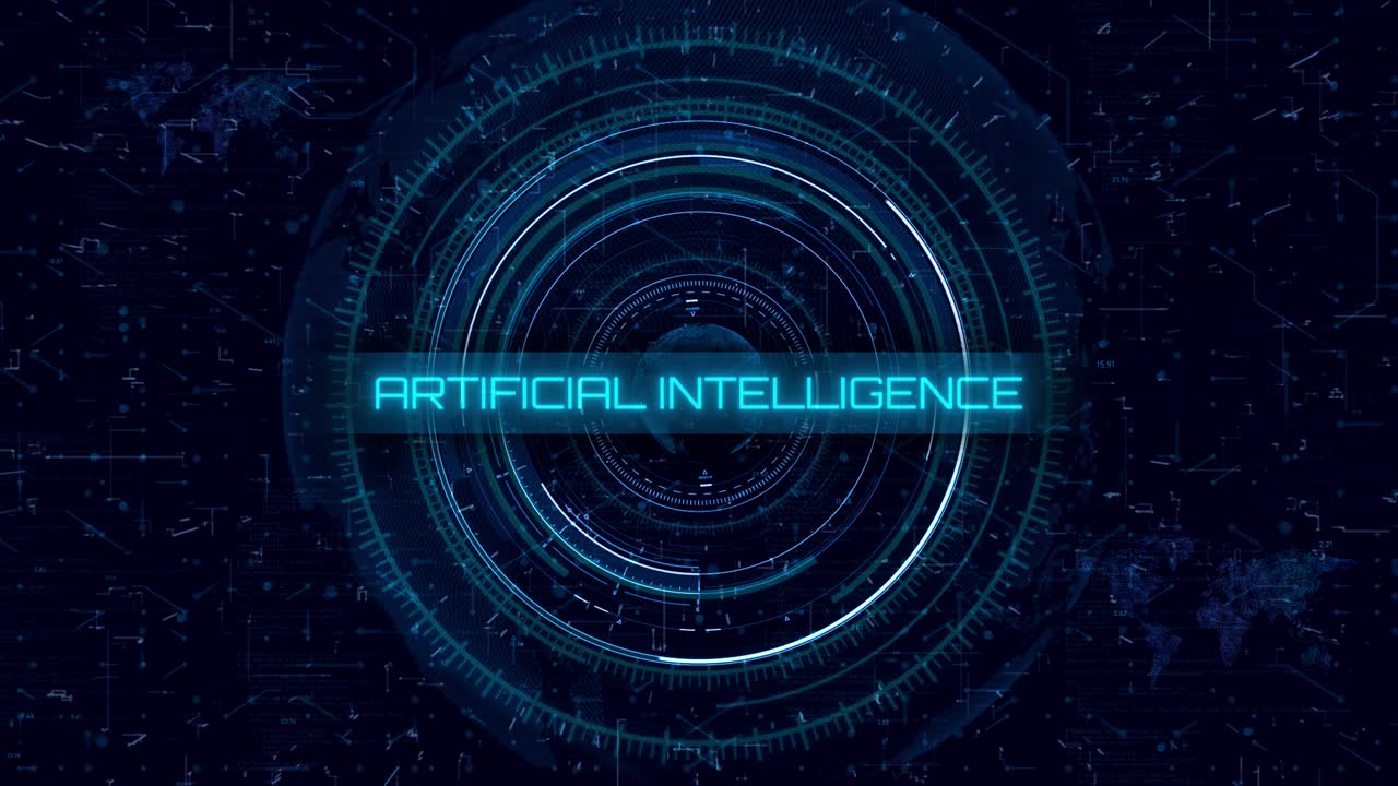 Fremtidsteknologisk AI-grænseflade: Blå kredsløbs-HUD med verdenskort, futuristiske elementer og højteknologisk design til digitale skærme