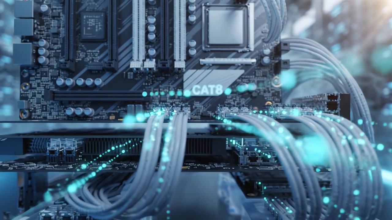 Cutting-edge motherboard illuminated in a futuristic data center with ethereal smoke and vibrant blue light enhancing its technological elegance and design.