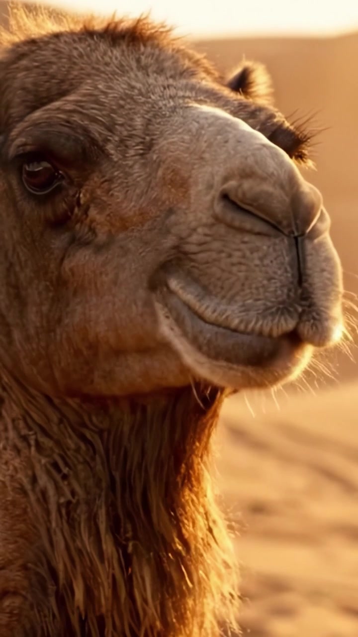 Um Retrato Gentil de Camelo Brilhando na Luz Quente do Deserto, Destacando Suas Características Únicas e Expressão Serena Contra um Cenário Deslumbrante de Pôr do Sol