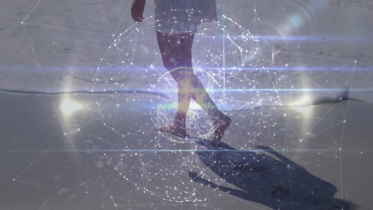 Walking on beach, person with digital network connections animation overlay