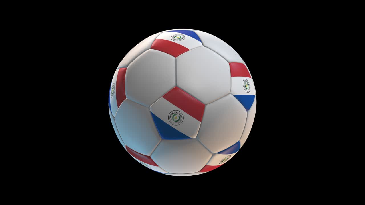 Soccer ball with flag Paraguay, on black background loop alpha. 3D Rendering