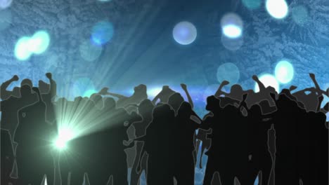 Digital-animation-of-spots-of-light-against-silhouette-of-people-dancing-against-blue-background