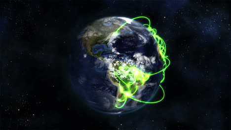 cloudy earth turning with green connections on itself with earth image courtesy of nasa.org