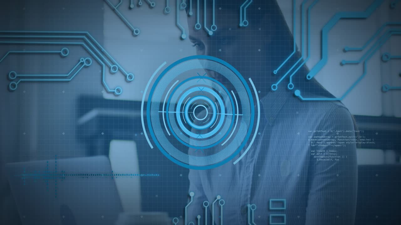 HUD animation pulsing, causing woman shifting posture and analyzing laptop data for business