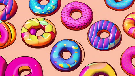 colorful donuts with various toppings are arranged in playful pattern