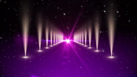 animation of snow falling at red carpet venue, with purple light and white spotlights