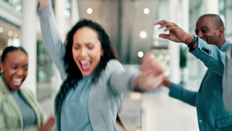 Business-people,-dancing-and-woman-in-celebration