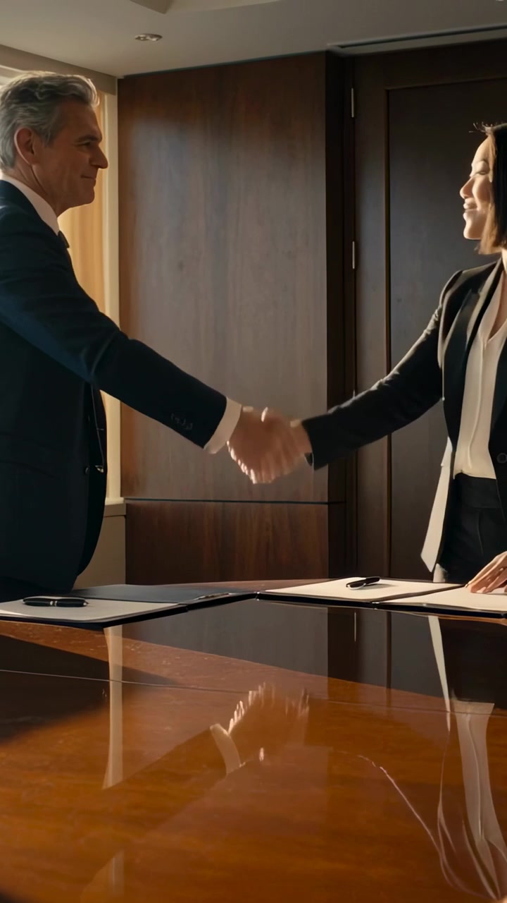 Video verticale: Dopo la firma, una coppia in abiti eleganti si stringe la mano a un tavolo di legno, con carte che riflettono la luce.