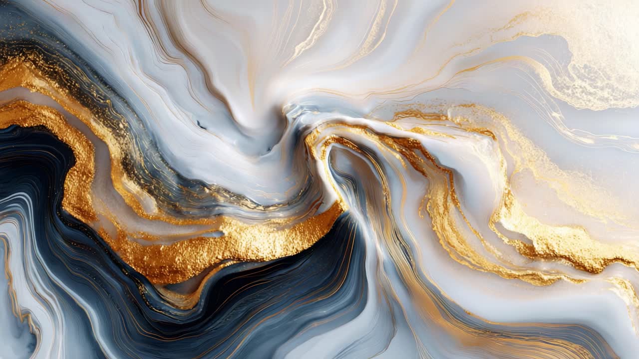 Elegant Abstract Swirls with Gold Accents: Captivating Artwork Featuring Beautiful Fluid Motion, Merging Shades of Blue, White, and Gold to Create an Exquisite Visual Experience