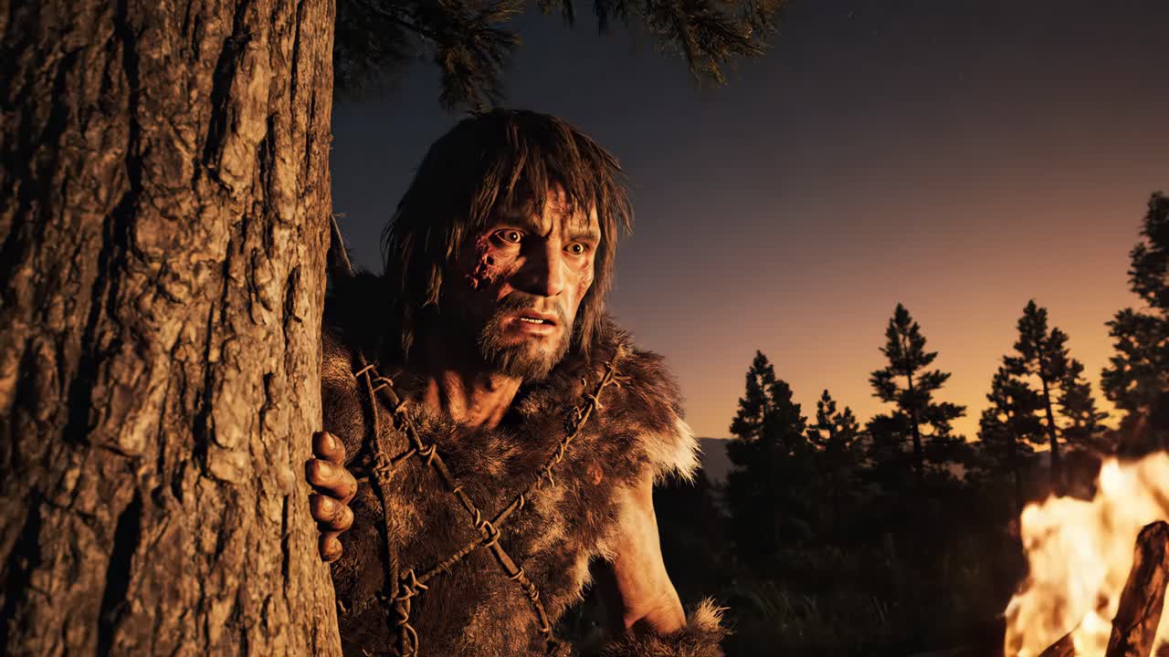 A Man in the Prehistoric Wilderness at Night