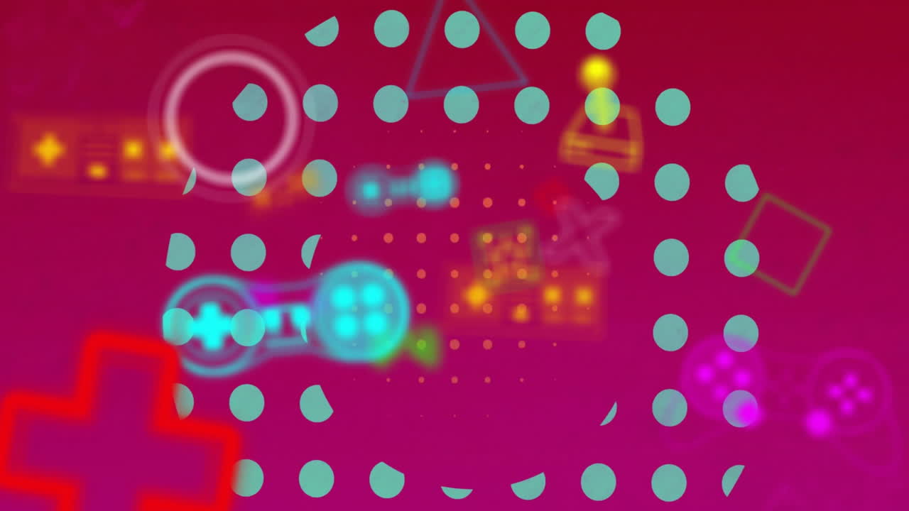 animación de iconos de videojuegos sobre el fondo de patrón de neón