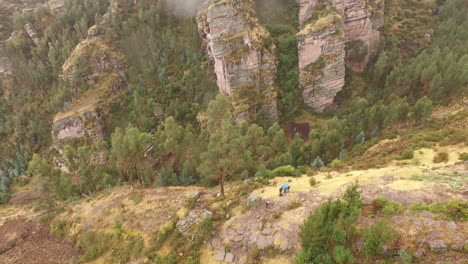 aerial establishing shot of a small tourist group out walking in a jungle in south america