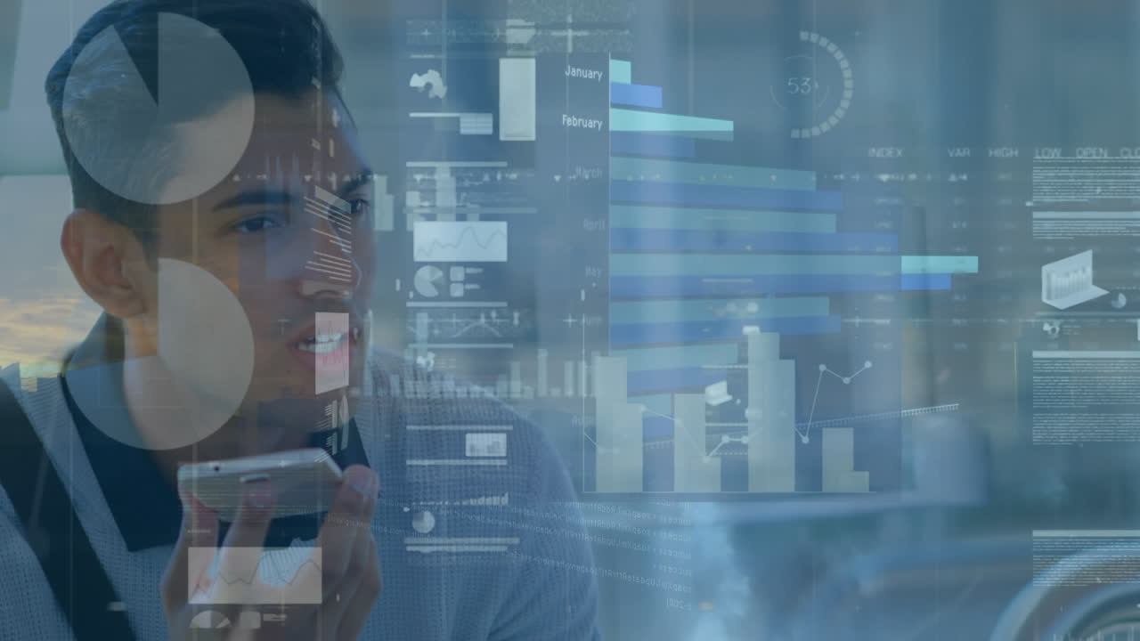 Animation of statistical data processing over biracial man woman talking on smartphone
