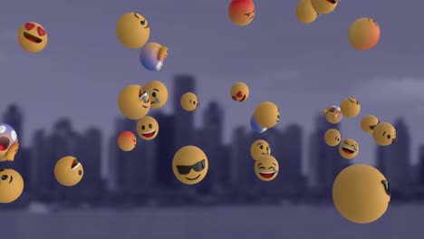 Emoji-icons-flying-over-cityscape-4k