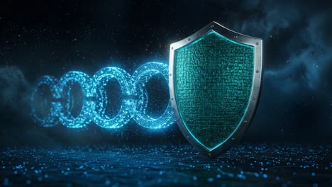 a powerful digital shield representing cybersecurity with a chain of binary code elements, symbolizing protection in the digital space