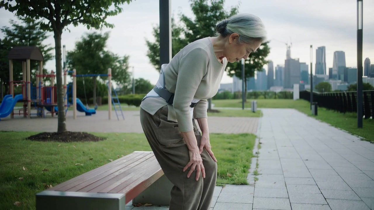 Leaning woman with white brace and sweater pushing, rising at waterfront bench preparing to walk