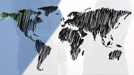 Animation-of-world-map-over-businessman-handshake