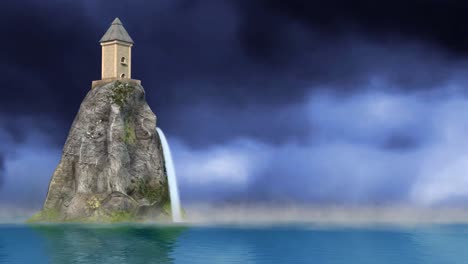 animated video of big rocks and houses floating above sea with rainy clouds in the background