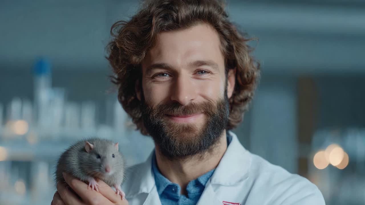 Un ricercatore appassionato sorride mentre tiene in mano un ratto grigio in un laboratorio luminoso, mostrando il legame tra uomo e animale nello studio scientifico
