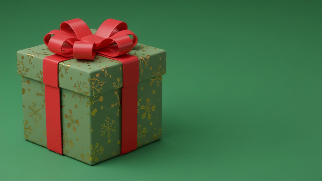 Vibrantly Wrapped Green Gift Box with Red Ribbon and Bow on a Solid Green Background, Perfect for Holiday Celebrations and Special Occasions